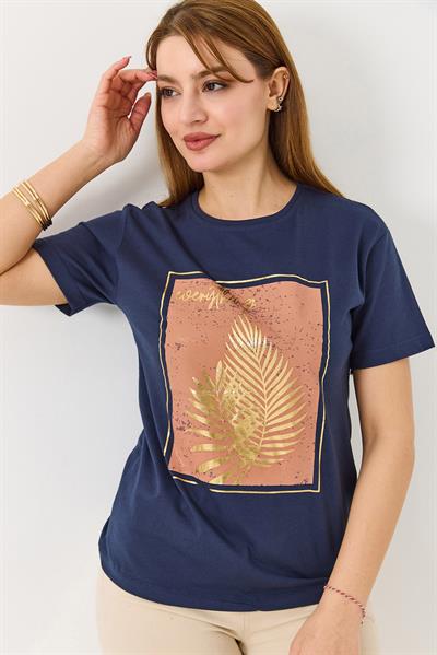 Kadın Palmiye Parlak Baskılı Tshirt Lacivert