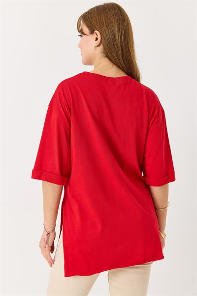 Kadın Figürlü Baskılı Bisiklet Yaka Tshirt Kırmızı