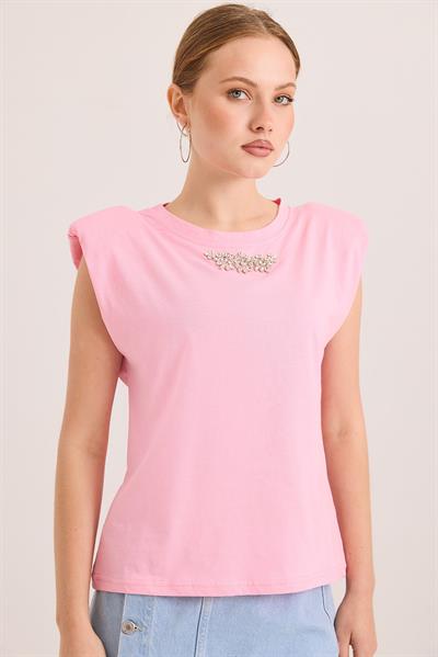 Omuz Vatkalı Şık Aksesuar Detaylı Pamuk Örme Tshirt Pembe