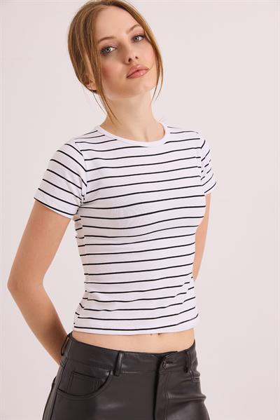Kısa Kol Likralı Kompak Çizgili Tshirt Beyaz