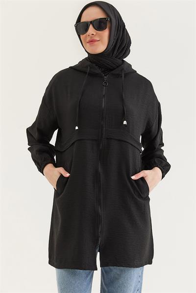 Araboy Kapşonlu Keten Kap Siyah