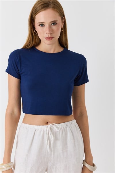 Kadın Bisiklet Yaka Penye Crop Bluz Lacivert