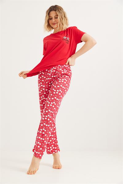 Baskılı Kısa Kol Pijama Takım Kırmızı
