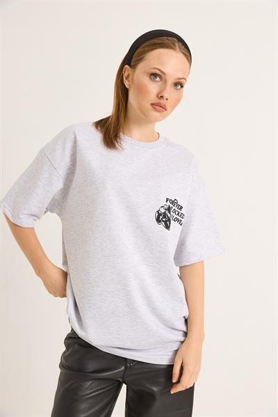 Baskılı Oversize İki İplik Tshirt Açık Gri
