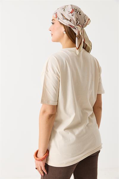 Kadın Baskılı Bisiklet Yaka Kısa Kol Tshirt Krem