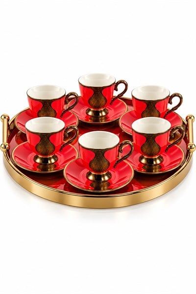 6lı Gold Damla Desenli Fincan Takımı Kırmızı