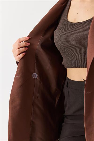 Kadın Kruvaze Yaka Çift Düğmeli Blazer Ceket Kahverengi