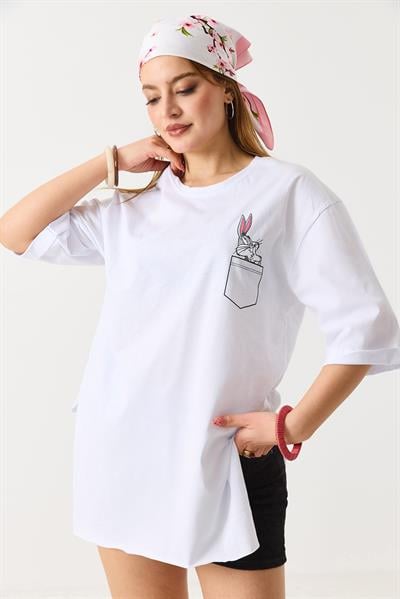 Kadın Yanları Yırtmaçlı Oversize  Basic Tshirt  Beyaz