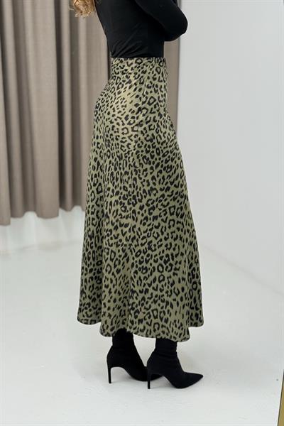 Beli Lastikli Leoparlı Saten Etek Haki