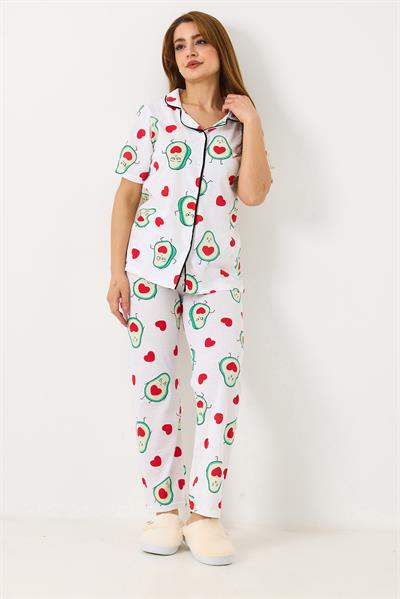 Kadın Kısa Kollu Avokado Baskılı  Düğmeli Pijama Takımı  Beya
