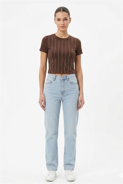 Kadın Taş Detaylı Kısa Kol Crop Bluz Kahverengi