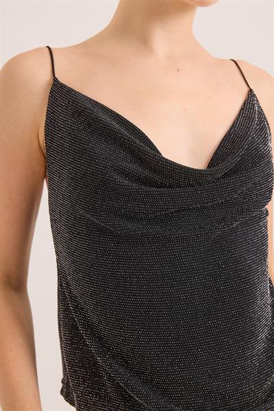 Degaje Yaka Simli Askılı Şık Bluz Siyah