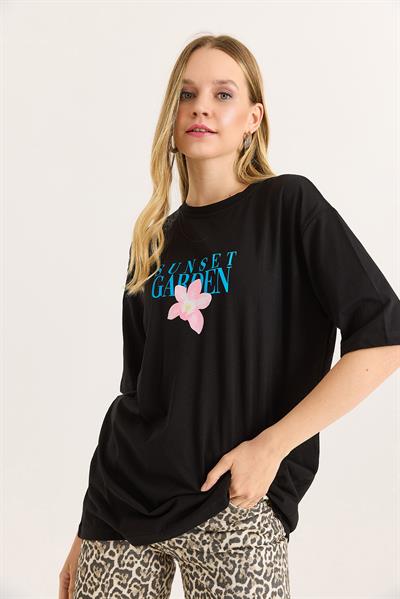 Ön Arka Baskılı Bisiklet Yaka Tshirt Siyah