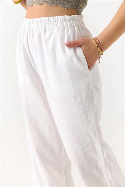 Kadın Bol Kesim Tensel Kumaş Beli Lastikli Beyaz