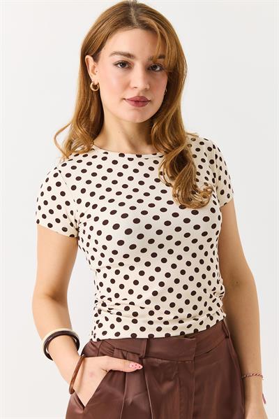Kadın Puantiyeli Bisiklet Yaka Kısa Kollu Bluz Kahverengi