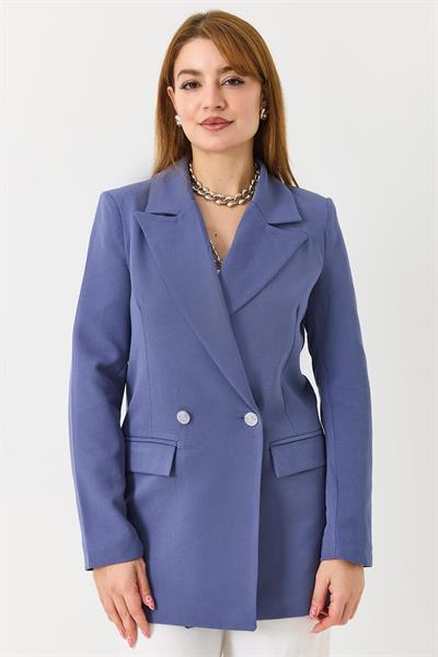 Kadın Kruvaze Yaka Çift Düğmeli Blazer Ceket İndigo