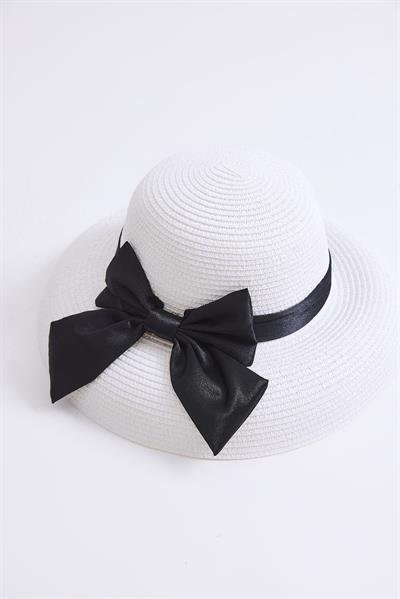 Fiyonk Detaylı Kadın Hasır Plaj Havuz Şapkası Beyaz
