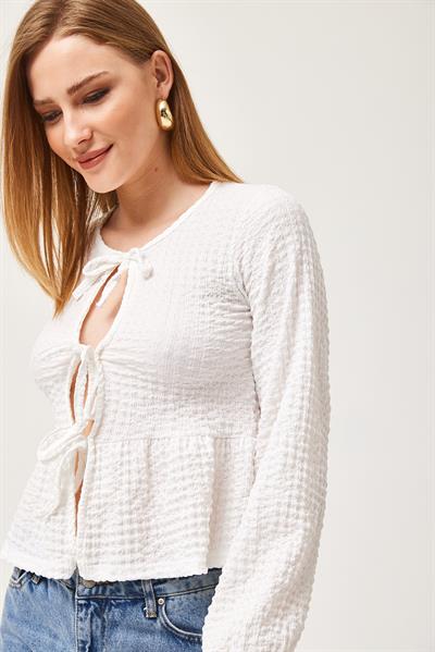 Bağlama Detaylı Esnek Örme Bluz Beyaz