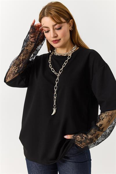 Kadın Kolu Tül Detaylı Oversize Tshirt Siyah