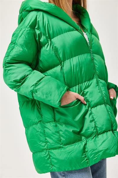 Kapüşonlu Oversize Şişme Mont Yeşil