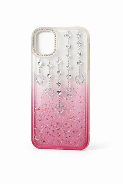 İphone 16 Pro MaxUyumlu Şeffaf ve Mor Geçişli Kalp-Yıldız Taşlı Kılıf Pembe