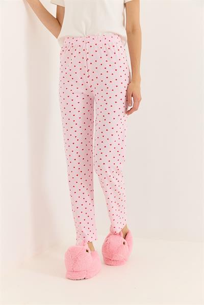 Kadın Renkli Kalp Detaylı İnterlok Pamuk Pijama Altı Pembe