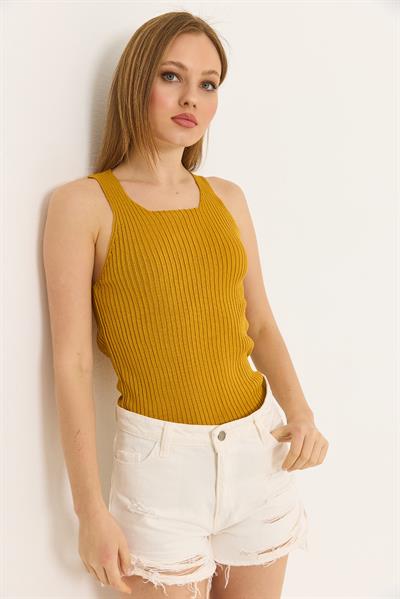 Kare Yaka Kalın Askılı Triko Atlet Bluz Hardal