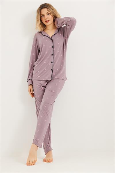 Düğmeli Uzun Kollu Pijama Takımı Lila