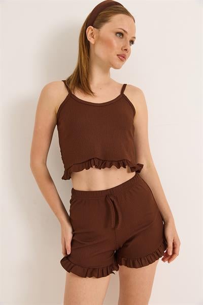 Askılı Fırfırlı Şortlu Takım Kahverengi