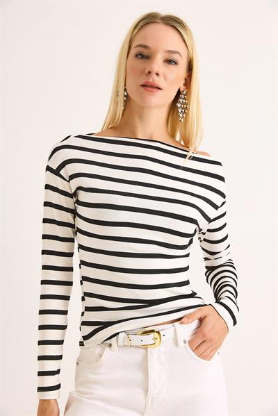 Kadın Çizgi Desen Geniş Yaka Uzun Kollu Bluz Siyah