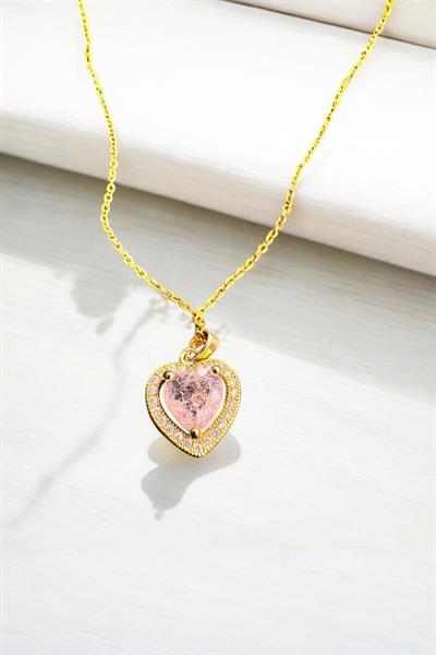 Pembe Kalpli Elmas Altın Zincir Kolye Gold