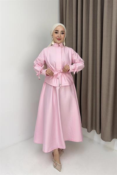 Kadın Beli Büzgü Detaylı Fermuarlı Etekli Takım Pembe