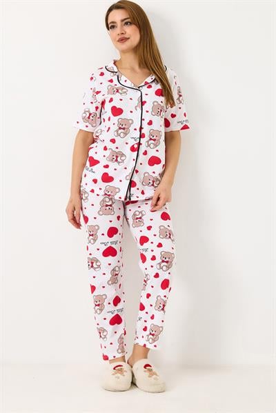 Kadın Ayıcık Baskılı Pijama Takımı Beyaz