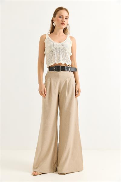 Keten Karışımlı Palazzo Pantolon Bej