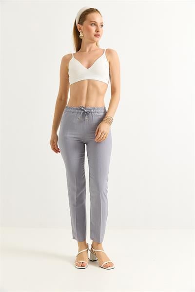 Beli Lastikli Çizgi Desenli Krep Pantolon Gri