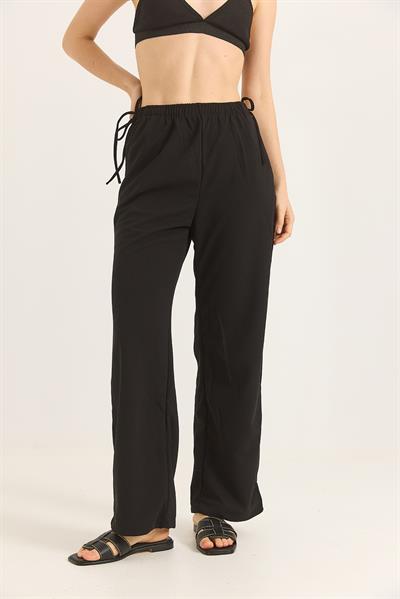 Yanları İp Detaylı Bol Paça Pantalon Siyah