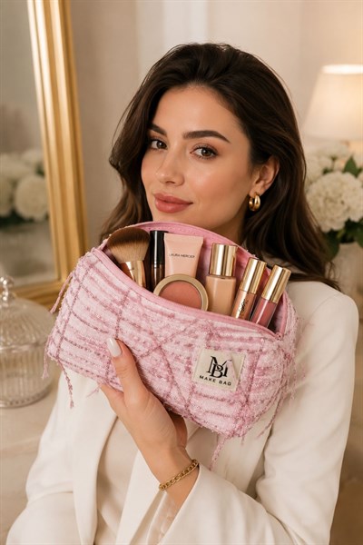 Kadın Boncuklu 23X13 Ölçülü Makyaj Çantası Pembe