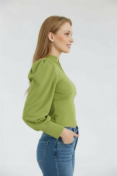 Kadın Hakim Yaka Prenses Kol Örme Bluz Yağ Yeşili