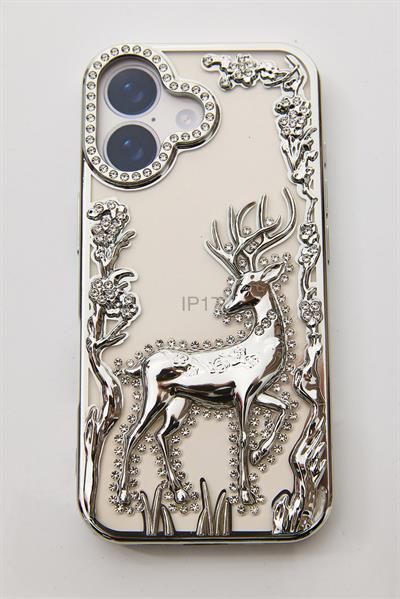 İphone 16 Uyumlu Geyik ve Çiçek Kabartmalı Kılıf Gri