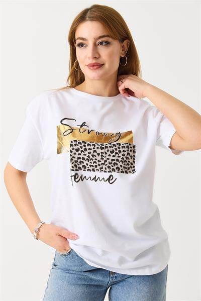 Kadın Bisiklet Yaka Baskılı Kısa Kol Tshirt Beyaz