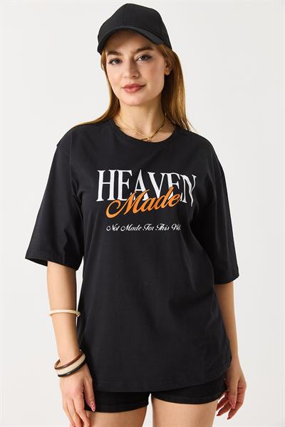 Kadın Kısa Kol Baskılı Basic Tshit Siyah