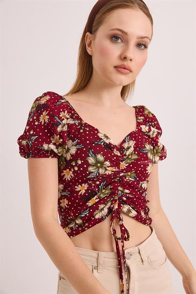 Desenli Prenses Kol Önden Büzgülü Bluz Bordo