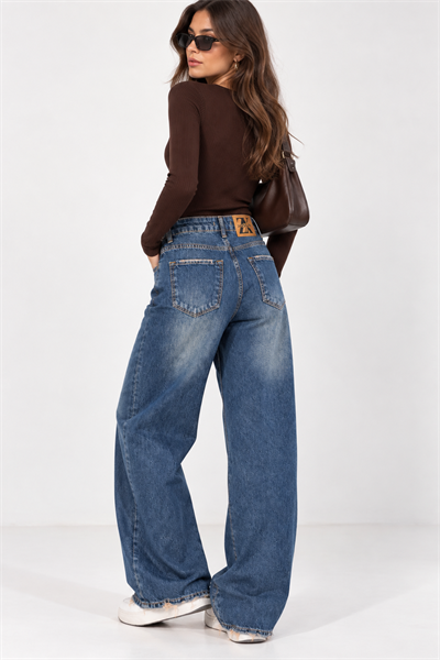 Yüksek Bel Kadın Eskitme Yıkamalı Wide Leg Jean Mavi