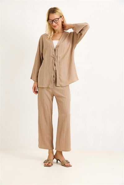 Kimonolu Pantalon Krınkıl Takım Bej
