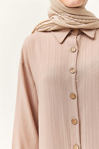 Keten Düğmeli Uzun Tesettür Tunik Bej