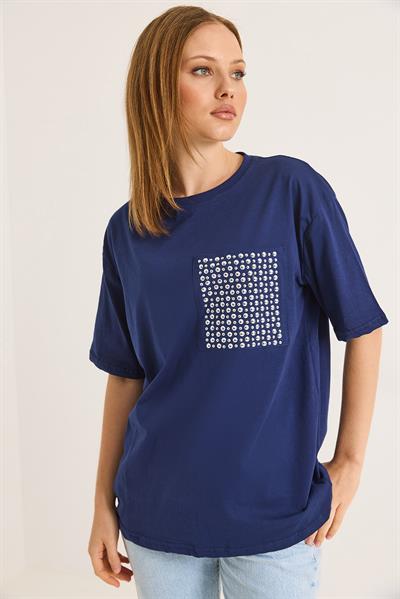 Bisiklet Yaka Taş Detaylı Cepli Tshirt Lacivert