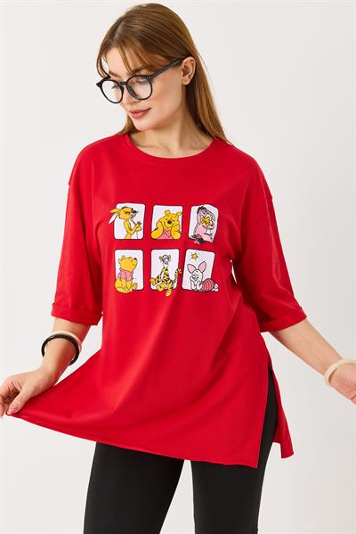 Kadın Yanı Yırtmaçlı Oversize Basic Tshirt Kırmızı
