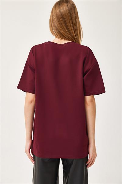 Basic Bisiklet Yaka Tshirt Bordo