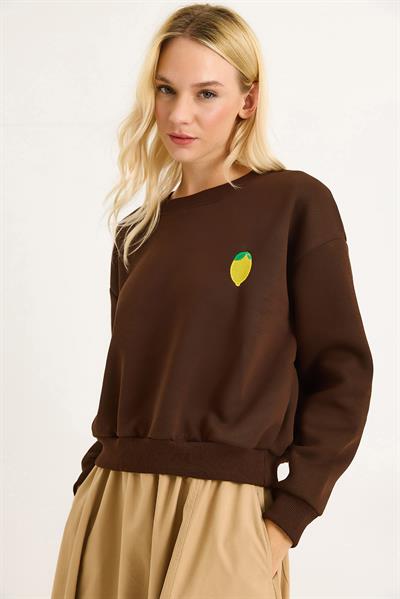 Limon Nakışlı Üç İplik Swetshirt Kahverengi