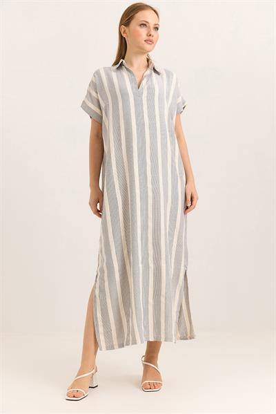 Polo Yaka Parlı İki Yanı Yırtmaçlı Yarasa Kol Oversize Dokuma Keten Elbise